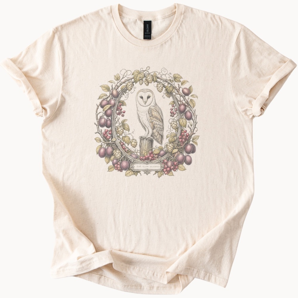 The Slow Season Barn Owl in Autumn Wreath Tee